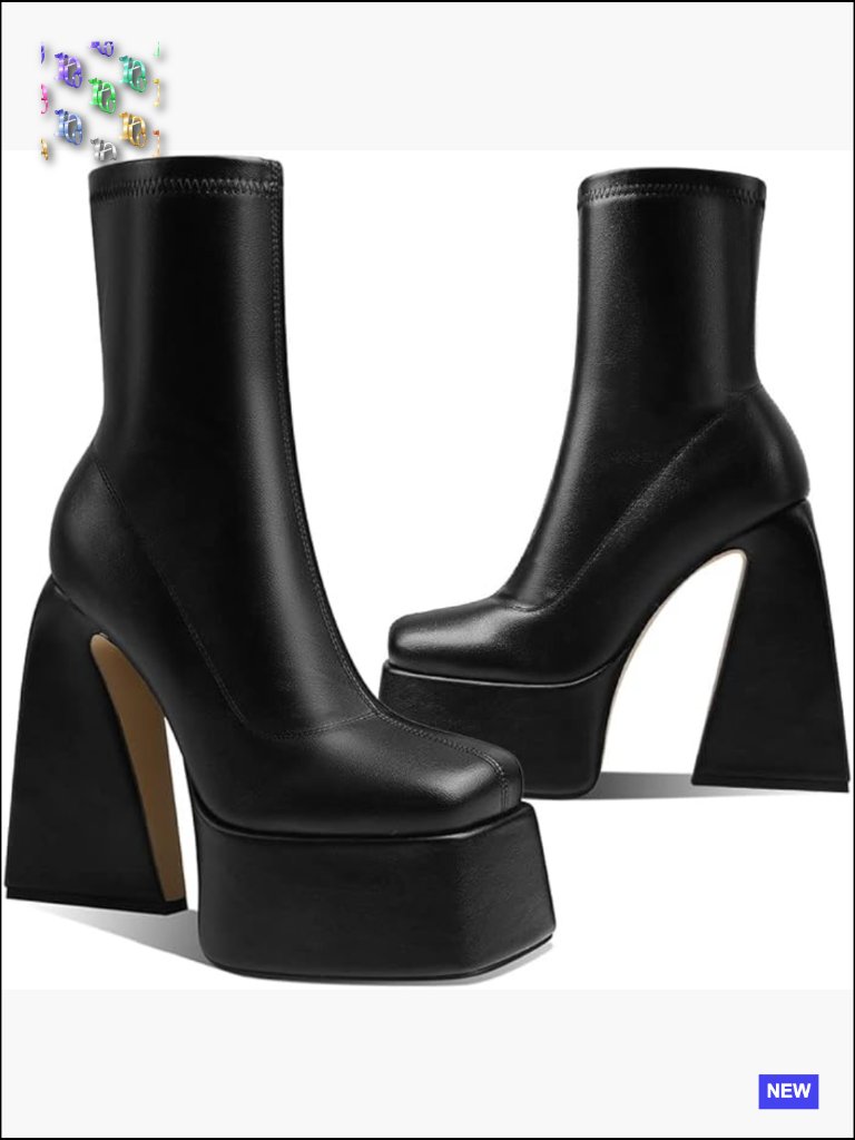 Square Toe Chunky Platform Booties Mid Calf Lace Up Side Zip